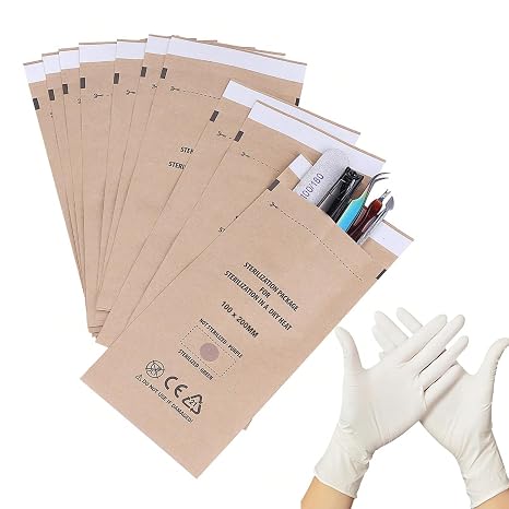 Sterilization Pouches, Disposable Kraft Paper Self-Sealing Sterilization Bags, 50pcs Kraft Self-Sealing Autoclave Bags, Disposable Nail Art Cleaning Bag, for Nail Tools, Cosmetics(100X200mm)