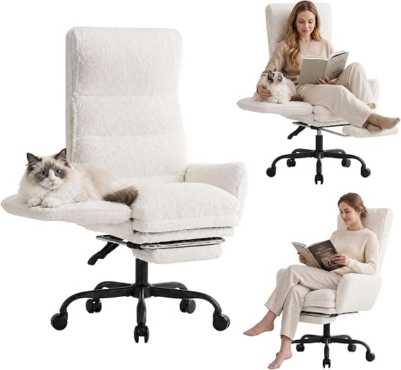 Ergonomischer Bürostuhl mit Fußstütze 145° Neigung Teddy-Stoff