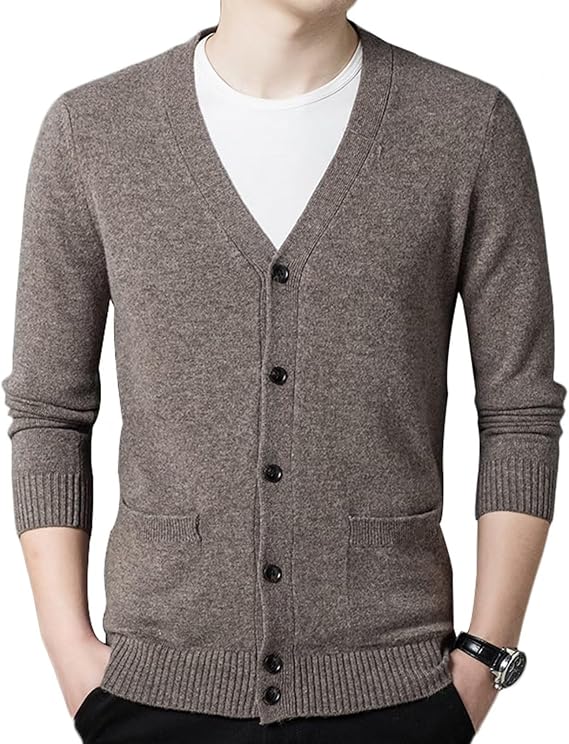 Men's Cardigan Sweater Button Knitwear 100% Cashmere V Neck Cardigans Long Sleeve Pullover with Pockets