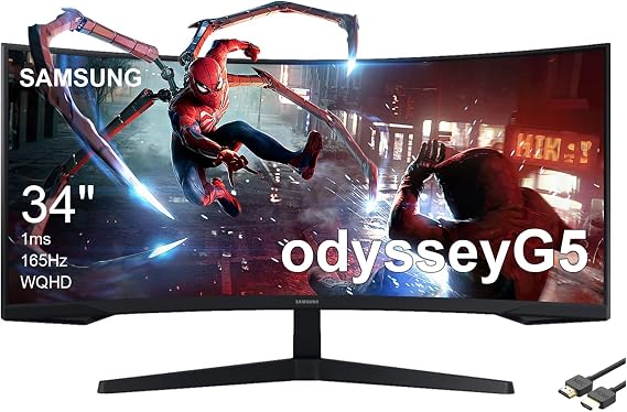 SAMSUNG 34" Odyssey G5 Ultra-Wide Gaming Monitor, 1000R Curved, 165Hz Refresh Rate, 1ms Response Time, FreeSync Premium, WQHD, Black, with MTC HDMI Cable, LC34G55TWWNXZA