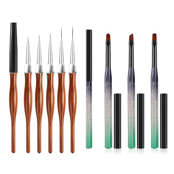 5PCS Nail Art Liner Brushes for Fine Drawing & Detailed Nail Art, 3PCS Nail Polish Remover Brush for Tidying Up Polish Mishaps on Cuticles(Green)