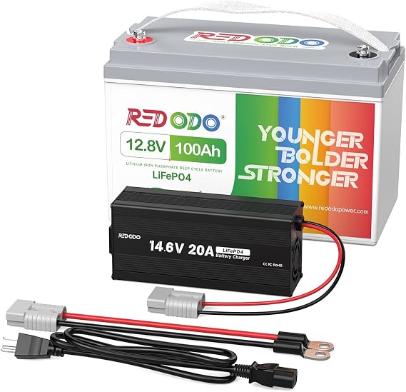 Redodo 12.8V 100Ah LiFePO4 Battery with 14.6V 20A Lithium Charger
