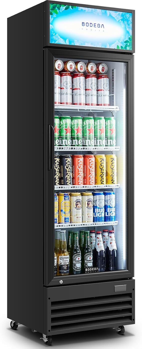 BODEGA BODEGACOOLER Commercial Merchandiser Refrigerator, Glass Door Display Refrigerator,Upright Beverage Display Cooler with Soft LED Light, Adjustable Shelves and Drink Organizers, 9 Cu. Ft,Black