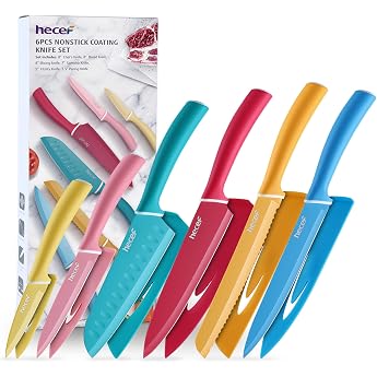 hecef Kitchen Knife Set 6 Pieces Stainless Steel Knife with Protective Covers Sharp Knife Set with Colourful Non-Stick Blade and Soft Touch Handle Professional Chef's Knife Set for Chefs