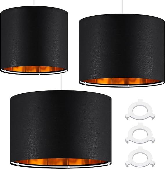Weewooday 3 Pack Black Lampshade for Ceiling Modern Golden Inner Drum Lamp Shade with E27 to E14 Lamp Shade Adapter Ring for Pendant Lights Table or Bedside Floor Lights