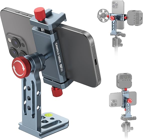 Phone Tripod Mount Aluminum Alloy, 360 Rotatable Phone Stand Holder Clamp with Cold Shoe and Arca Base Compatible with iPhone 15 Pro Max Galaxy S24 Ultra Pixel & 2.5"-4" Wide Smartphones