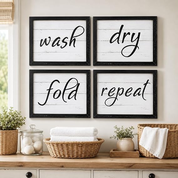 4 Pcs Laundry Room Decor for Wall Wash Dry Fold Repeat Sign 10 x 8 Inch Funny Laundry Room Wall Art Signs Framed Rustic Farmhouse Hanging Wood Decor for Bathroom Home for Housewarming Gift(Black)