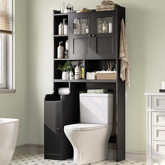 Itaar Over The Toilet Storage Cabinet, Over Toilet Bathroom Organizer with Glass Doors & Toilet Paper Holder Stand, Home Space-Saving Toilet Rack, for Bathroom, Restroom, Laundry(Black)