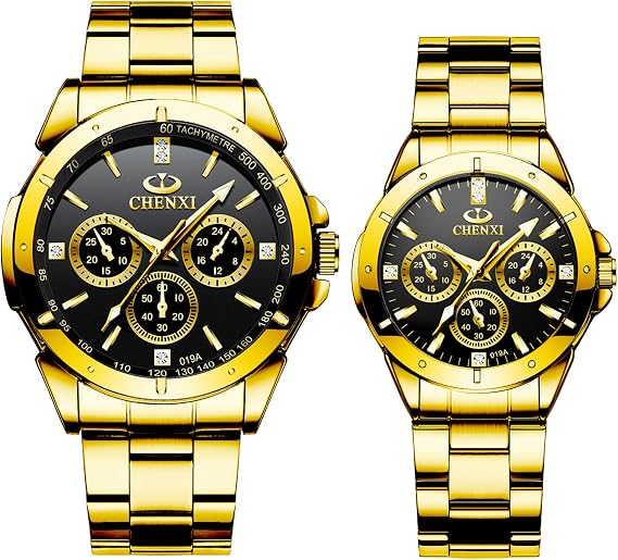 JewelryWe Pair of Watches Luminous Stainless Steel 30 m Waterproof Analogue Quartz Couple Watch Stainless Steel Bracelet Partner Watch Friendship Watch for Men and Women