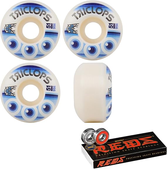 Triclops Skateboard Wheels Third Eye 51mm 99A White with Bones Reds Bearings
