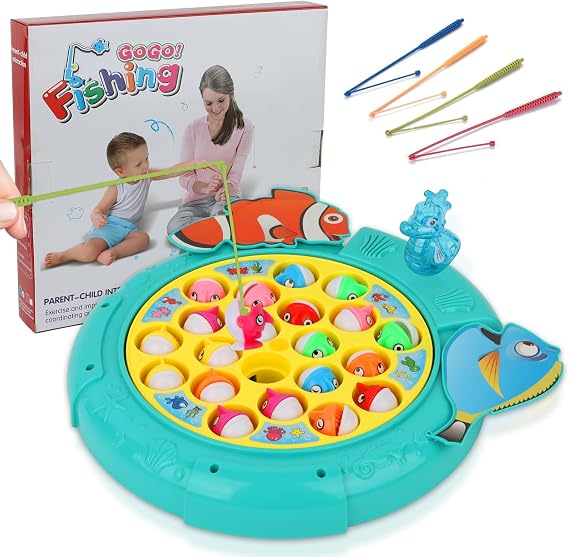Magnetic Fishing Games Set - Fun and Educational Fishing Toys for Toddlers and Kids, Includes 21 Fish, 4 Poles, Rotating Board, and On-Off Music, Perfect Fish Toy for Go Fish Fun