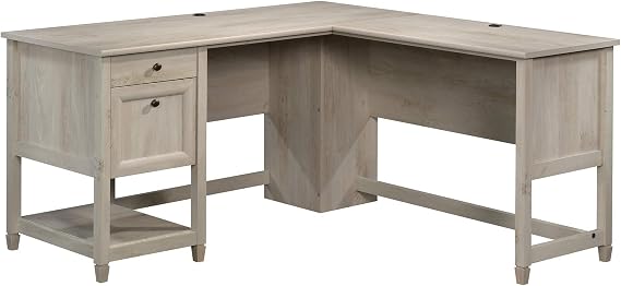 Sauder Edge Water L-Shaped Corner Desk with Storage Drawers and Open Shelf, in Chalked Chestnut