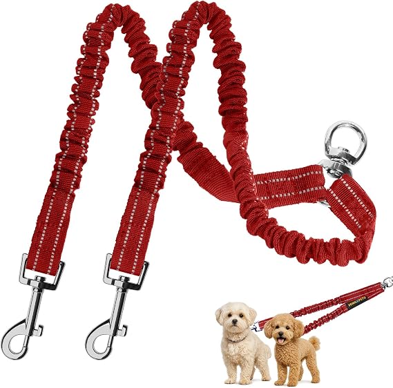 MingXpet 2 Dog Leash, Dog Leash for 2 Dogs, 360 Swivel No Tangle Double Walking Training Leashes for Large Dogs that Pull, Comfortable Shock Absorbing Reflective Bungee, Red