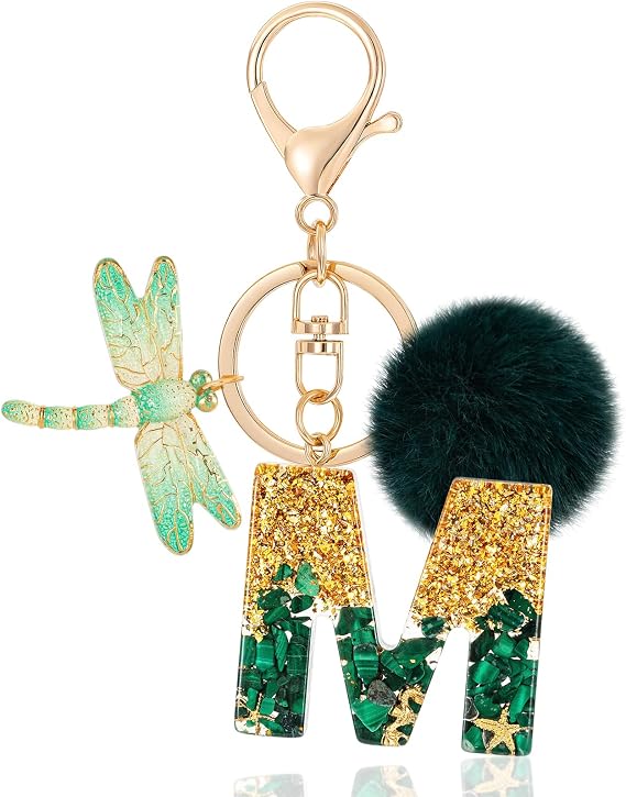 MWOOT Initial Resin Letter Keychain, Cute Car Keyring, Alphabet Key Chain with Butterfly Tassel, Red Plush Ball for Bag Decor