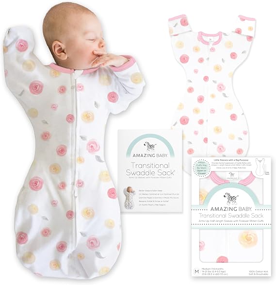 Amazing Baby Transitional Swaddle Sack, Baby Swaddles for Newborn with Arms Up Half-Length Sleeves & Mitten Cuffs, Sleep Sack Wearable Blanket, M (6.4-9.5 kg), 3-6 months, Watercolor Little Roses