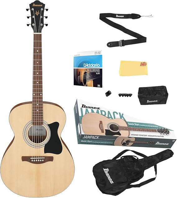 Ibanez IJVC50 JamPack Grand Concert Dreadnought Acoustic Guitar Pack - Open Pore Natural Bundle with Gig Bag, Tuner, Strings, Pouch, Strap, Picks and Austin Bazaar Polishing Cloth