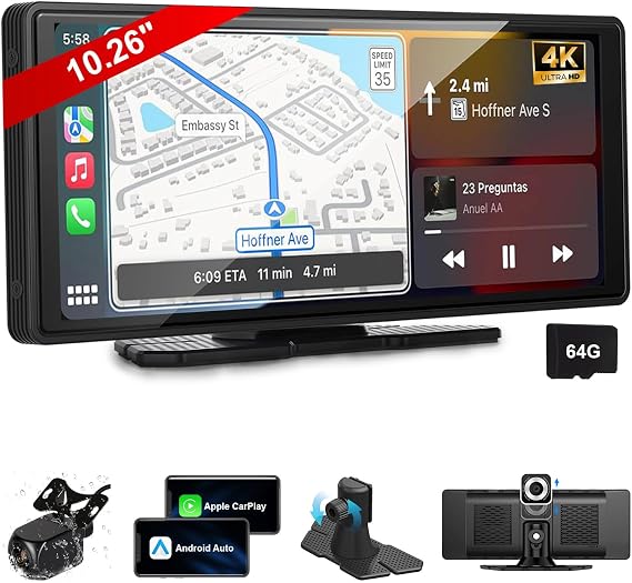 Portable Wireless Carplay Screen Monitor 4K Front Dash &1080P Backup Camera