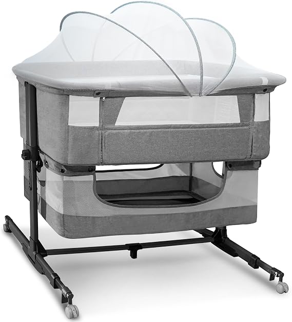 Baby Bassinet, Portable Rocking 3 in 1 Bedside Sleeper | bedside bassinet for baby with Mattress, Mosquito Net, Storage Basket, Height Adjustable, Easy Assemble Crib for Infant Gray