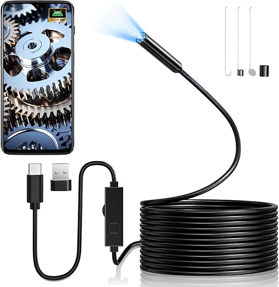 Endoscope Inspection Camera Only Android, Hopefox 1920P HD USB Endoscope Camera with 8 LED Lights, 16.4FT Flexible Rigid Snake Borescope, IP67 Waterproof Drain Camera Gadgets Tool for Android