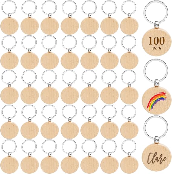 Blank Wooden Keychain Set 100 Pcs 1.5 Inch Round Key Tag | Engraving Blanks, Unfinished Wood Key Rings, DIY Crafts Gift Accessories, Pet ID Tags, Circular Solid Timber Blanks