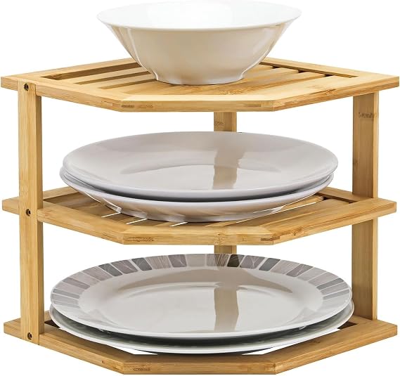Greenfields 3 Tier Corner Shelf Cabinet Organiser - Plate Rack Countertop for Kitchen, Bathroom, Cupboard, Pantries - Shelf Insert Storage Organisation - Plate Organiser (Natural)