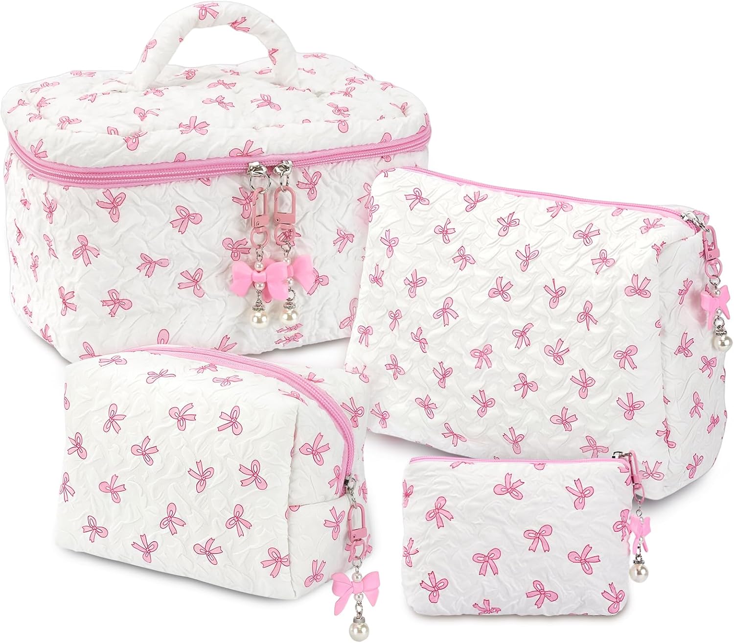 4 Pcs Makeup Bag, Coquette Cosmetic Bags for Women & Girls, Cute Skincare Bag for Travel, Portable Bow Make Up Bag Set, Quilted Toiletry Bags Cotton for Birthday Gifts PinkWhite