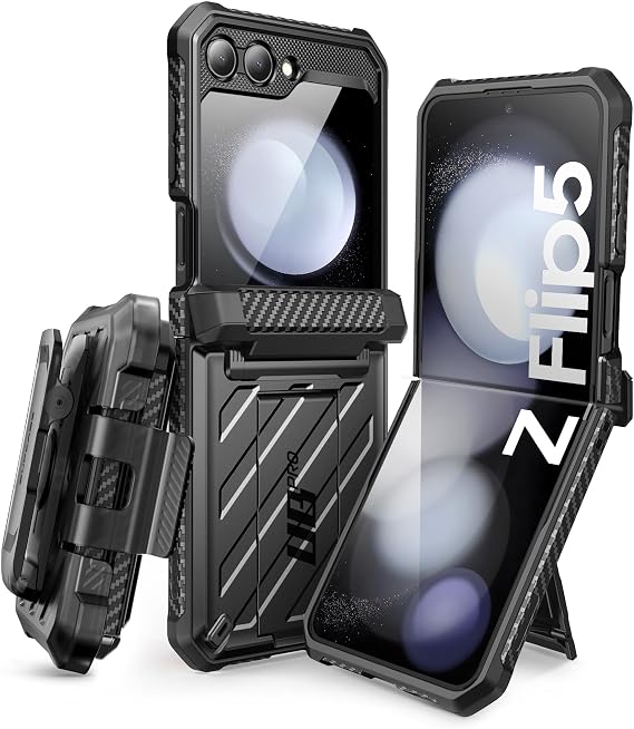 SUPCASE for Samsung Galaxy Z Flip5 5G Case with Kicktand, Black | Detachable Belt-Clip, Hinge Protection, Front Screen Protector, Full Body Military-Grade Phone Cover, Unicorn Beetle Pro