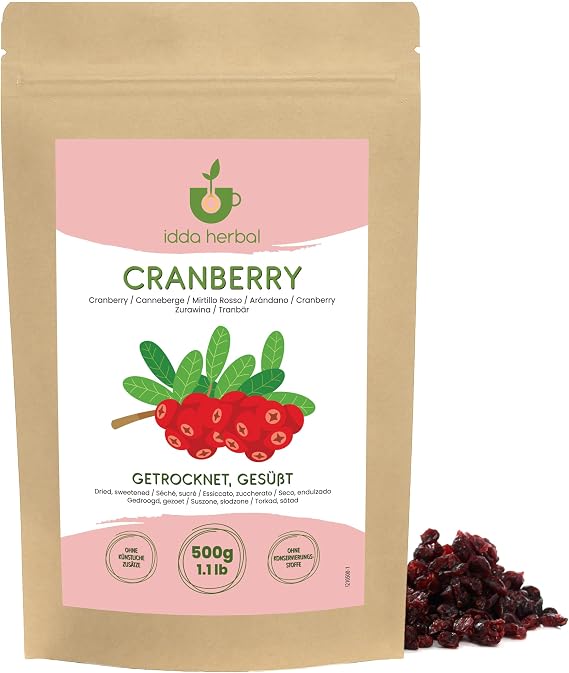 IDDA Herbal Cranberries Dried 500g 1.1 lb, Dried Cranberries, Sweetened with Apple Juice