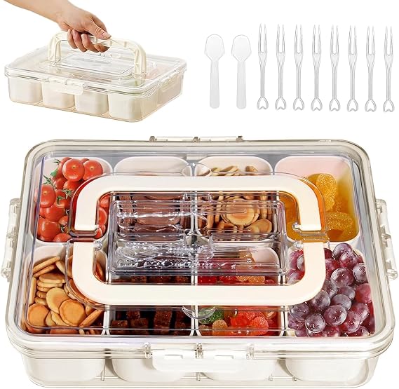 Snackle Box, Bento Snack Box with 8 Compartments & Utensils, Portable Sectioned Box for snack, Ideal for Airplane Travel and Picnics