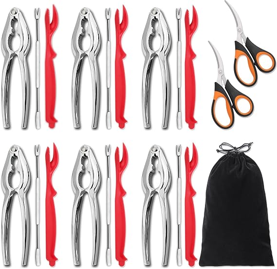 20-Pack Crab Crackers and Tools Set,Seafood Boil Party Supplies Includes 6 Crab Crackers, 6 Lobster Shellers, 6 Crab Leg Forks/Picks and 2 Seafood Scissors & Black Storage Bag - Nut Cracker Set