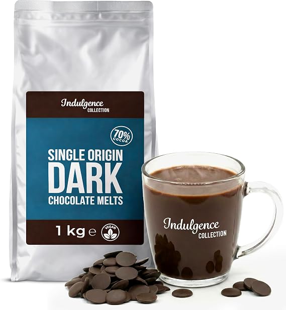 Indulgence Collection Dark Chocolate Melts, 1kg - 70% Cocoa. Hot Chocolate Buttons for Quick and Luxurious Dark Hot Choco Drink - Single Origin and Vegan - Resealable Bag