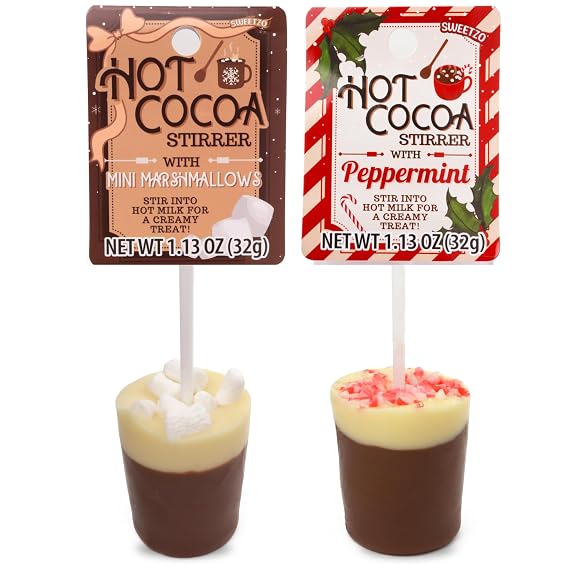 Hot Cocoa Stirrers with Crushed Peppermint and Mini Marshmallows, Edible Chocolatey Drink Mixing Sticks, Christmas Stocking Stuffers, 1.13 Ounces Each (Pack of 2)