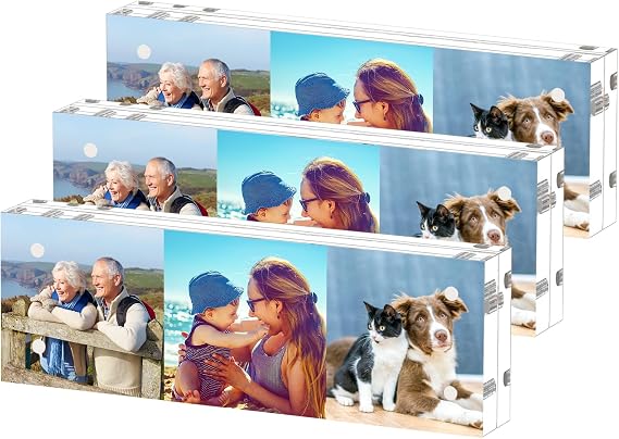 HELPLEX Acrylic Frame, 3 Pack 2x6 Acrylic Picture Frames Photo Booth Frame, 20mm Thicker Frameless Clear Double Sided Magnetic Frame, Free Standing Desktop Display