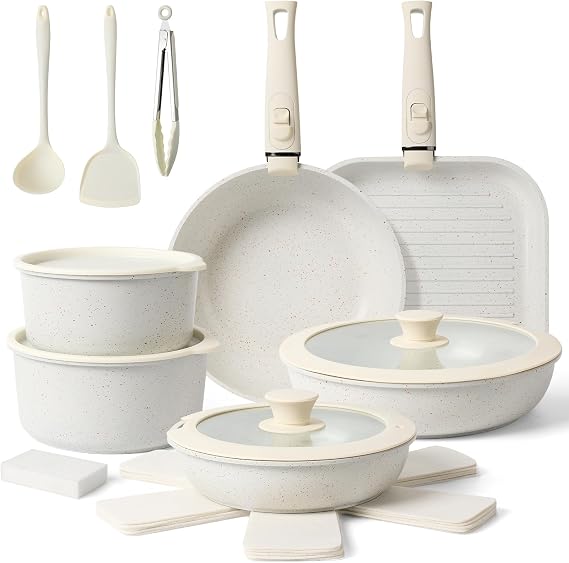 20-Piece Ceramic Nonstick Cookware Set Induction Compatible, Non-Toxic Pots & Pans with Removable Handles, Dishwasher & Oven Safe Stackable RV/Camping Cookware Cream White