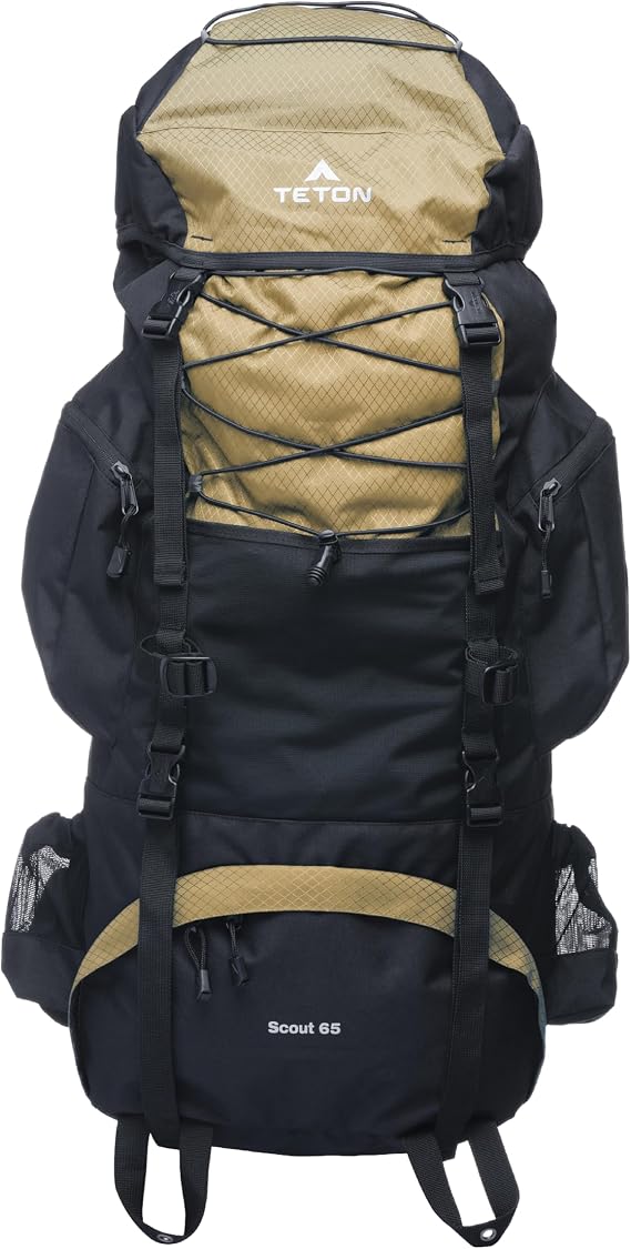 Teton 65L Scout Internal Frame Backpack for Hiking, Camping, Backpacking, Travel, Rain Cover Included, Buck Brown