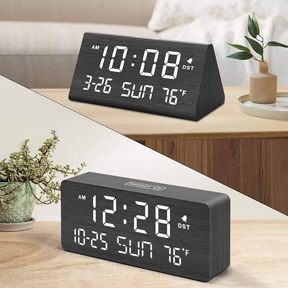 DreamSky Wooden Alarm Clock with Date and Day of Week