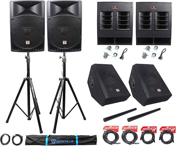 Rockville RPG15 15" Powered Church PA System Pair with 18" Subs, Monitors | 2 RBG18FA 18" Subwoofers, 2 RSM15A 15" Stage Monitors, Tripod Stands, 2 RSP36 Poles, XLR Cables, 14-Items