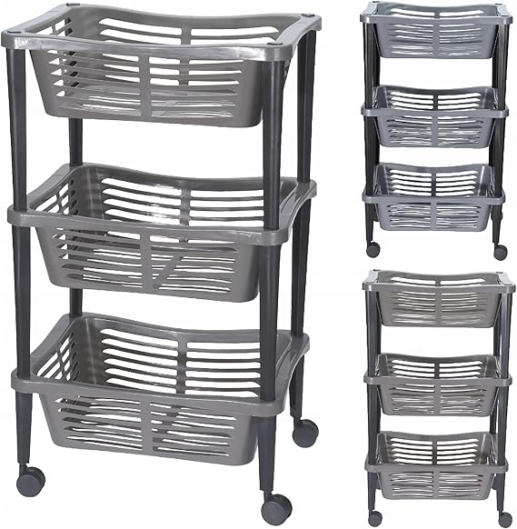 GEEZY 3 Tier Vegetable Trolley, Kitchen Trolley Basket On Wheels Fruit and Veg Kitchen Bathroom Children’s Room Office Movable Organiser Well Ventilated Basket Household Storage Rack