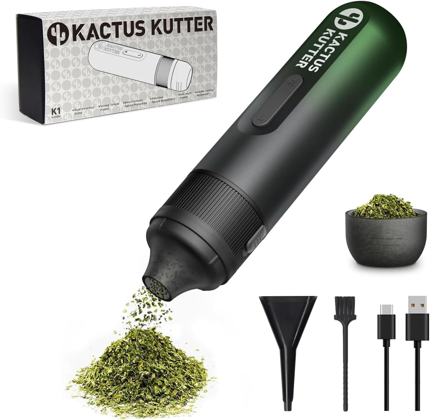 KactusKutter K1 Electric Herb Grinder Battery Powered Automatic Portable Spice Mill for Grinding - Holds up to 1 Gram Midnight Emerald