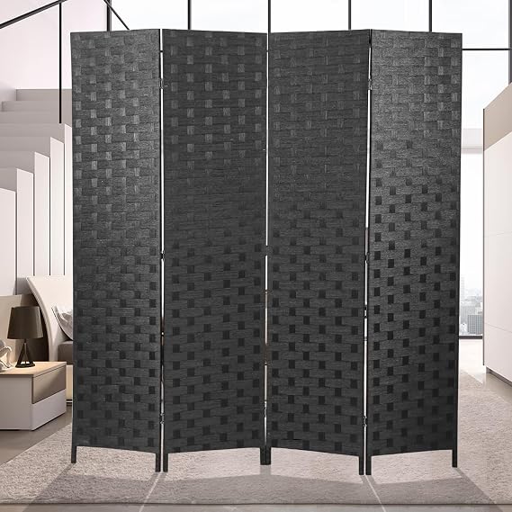 BLKMTY Room Divider, 6ft Folding Privacy Screens, Wall Divider Portable Room Seperating Freestanding Wood Screen, 4 Panels Hand-Woven Design Screen Double Hinged Dividers for Bedroom, Black
