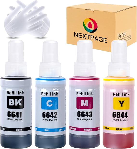 NEXTPAGE T664 664 Mürekkep Epson T6641 T6642 T6643 T6644 ile Uyumlu Dolum Şişesi Mürekkep Epson EcoTank ET-2500 ET-2550 ET-2600 ET-2650 ET-4500 ET-14000 L396 L396 L396 için 050 L 3060 L3070 (4 paket)