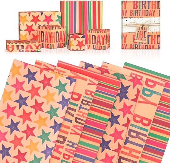 6 Sheets Wrapping Paper | 70x50cm Birthday Wrapping Paper | Recyclable Gift Wrap | Birthday Gift Wrapping Pape Perfect for Boy Men Girl Women