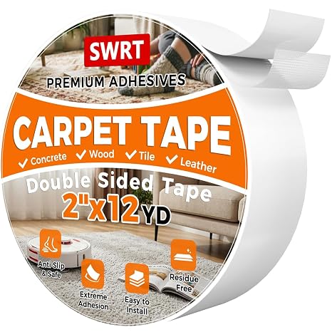 SWRT Double Sided Carpet Tape, 2 in x 12 Yards Rug Tape for Hardwood Floors