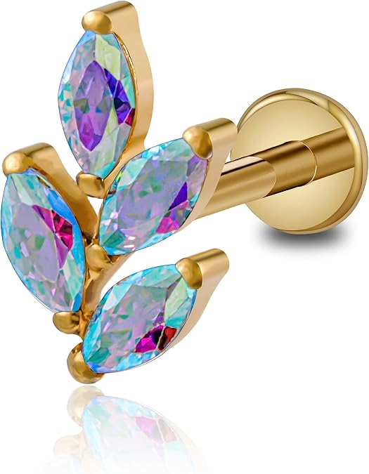 FINE4U 1PC Leaf Flat Back Stud Flat, Helix, Conch, Tragus 6mm 8mm - ASTM F136 Titanium Screw on Body Piercing Jewelry