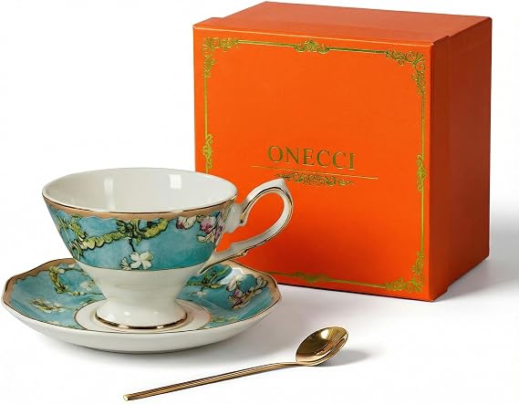 7oz Bone China Tea Cup and Saucer Set, Almond Blossom
