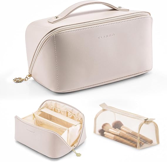VLANDO Makeup Bag,Women Travel Toiletry Case,Carry Handle,Off White | Waterproof PU Leather with Zip TPU Pocket,Separate Brush Pouch,Travel Essentials,Skincare,Brushes Organizer,Gifts for Women