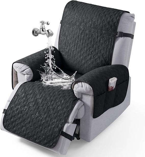 VANSOFY 100% Waterproof Recliner Chair Cover, Recliner Cover with Non-Slip Granule, Washable Reclining Chair with Pocket Furniture Protector for Kids, Pets(Black, 23")