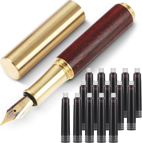 Andibro Vintage Wooden Mini Fountain Pen, Short Pocket Travel Fountain Pen Fine Nip Pen Fancy Pens Smooth Writing with 15 Pcs 2.6mm Black Ink Cartridges for Journaling Office School Supplies(B)