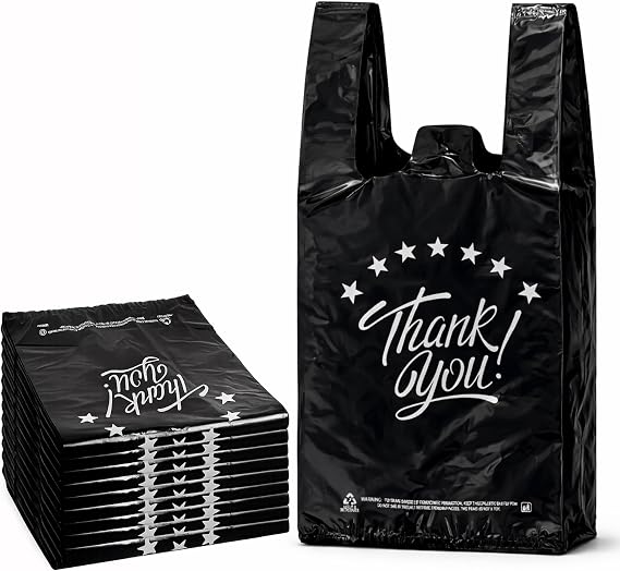 YoYoRain Black Thank you T shirt bag, Grocery shopping bag Reusable and Disposable Supermarket Bag 11''x6''x21'' 100PCS