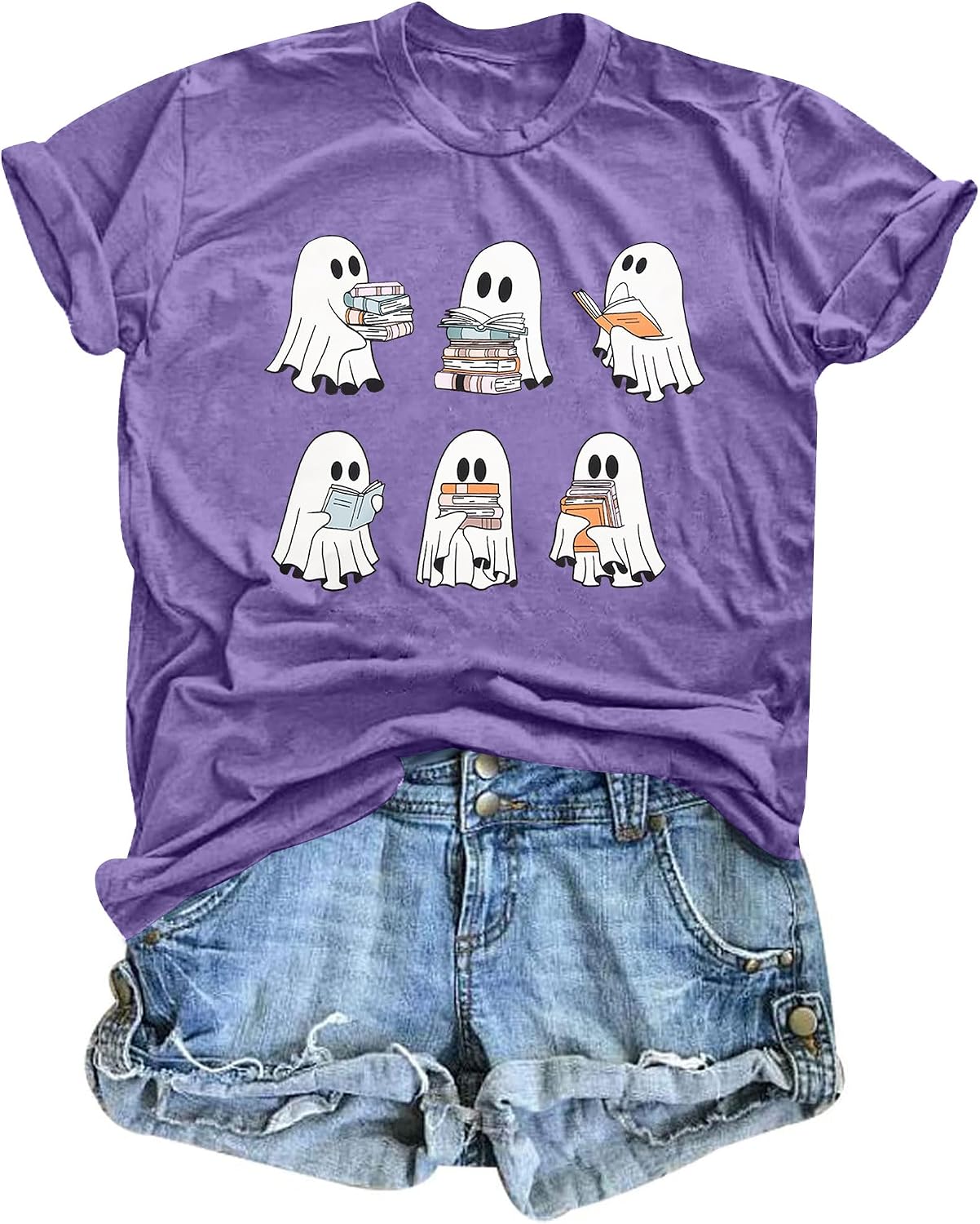 Halloween Teacher Shirts for Women Ghost Reading Books Shirt Funny Spooky Bookish Tee Halloween Party Short Sleeve Tops